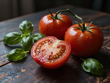 Low-key, directional natural light illuminating raw heirloom tomatoes and fresh basil on a dark, worn wooden prep table, soft moody shadows.