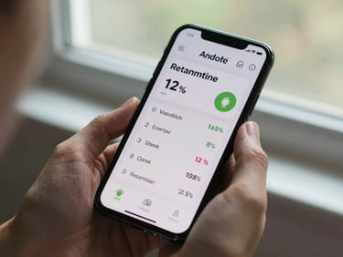 Android phone held at natural angle displaying a vocabulary retention quiz with a streak counter and accuracy percentage on screen, north-facing window light, hands partially in frame