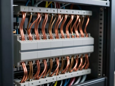 Close-up macro shot of an immaculate electrical panel server rack, perfectly organized copper wiring, bronze busbars, clinical cable management, high-contrast dramatic lighting