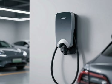 A luxury electric vehicle charging in a clean, minimalist garage with custom lighting and a wall-mounted premium charger