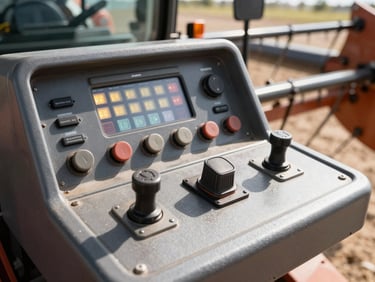 Close-up of a heavy agricultural harvester control panel with glowing LEDs and rugged physical switches, bright daylight.