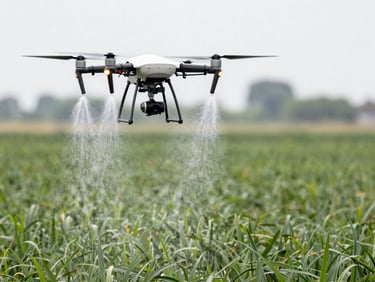 Close-up of a rugged agricultural drone rotor and carbon fiber frame, bright natural sunlight, metallic texture.