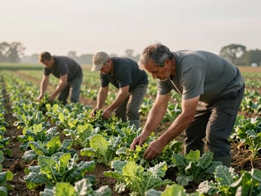 Farmers in soft morning light harvesting fresh heirloom greens in a quiet field, natural directional daylight.