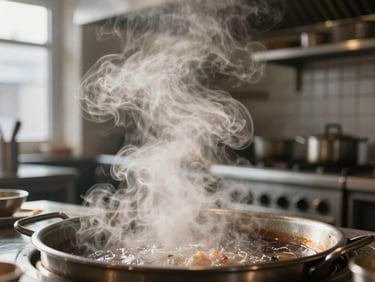 Close-up of steam rising from a hot pass in a moody, Scandinavian-style restaurant kitchen, warm natural light.