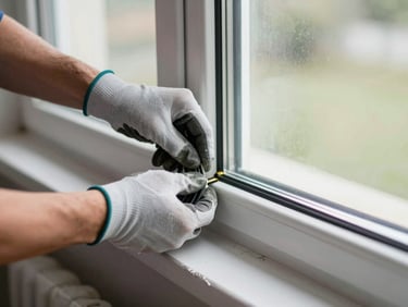 Close-up of installer's gloved hands pressing a window frame gasket into a PVC profile, natural window light from the side, concrete sill visible, installation process mid-step