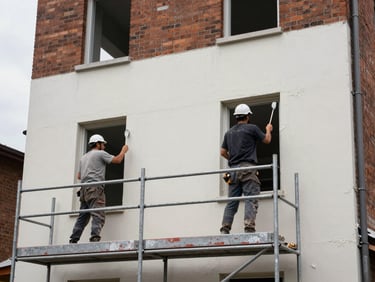 Medium shot of a building facade renovation in progress, workers applying render to exterior wall, scaffolding in foreground, overcast daylight, brick structure visible behind fresh render layer