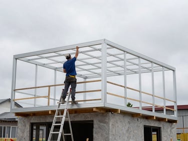 Aluminum terrace roof structure partially installed on a residential building, overcast daylight, worker on ladder securing a frame profile, real construction site, no lifestyle