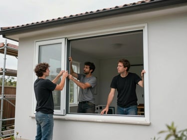 Installation crew fitting a large PVC window frame into a building opening, exterior scaffolding, overcast daylight, documentary framing, no smiling homeowners