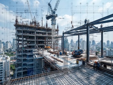 An engineering blueprint overlaying a modern construction site, architectural gridlines, sharp technical details, cool steel and navy tones.