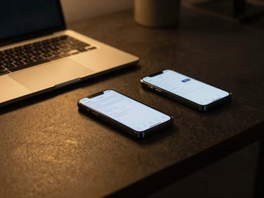 A refined modern workspace with warm golden side-lighting, a high-end notebook, and a sleek dark phone displaying a clean interface