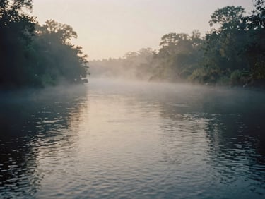 Soft-focus natural landscape of a quiet river at dawn, mist rising from the water, calm and meditative atmosphere, muted navy and gold tones, 35mm