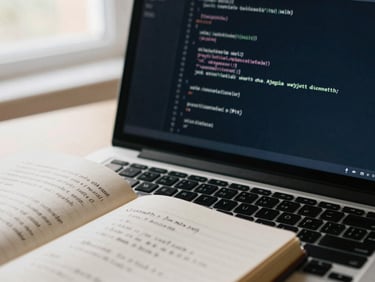 Close-up of a laptop screen displaying clean lines of code next to an open notebook with handwritten legal citations, soft warm lighting, 35mm