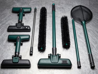 Set of professional pool cleaning tools and spare parts, including a vacuum head, brush, and net, arranged neatly on a metallic surface.