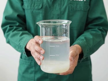 A technician holding a transparent beaker of cloudy, milky pool water against a clean industrial background, showing the contrast with clear water, crisp technical lighting, deep green and metallic tones, sharp focus, 35mm lens