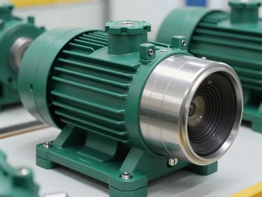 Close-up of a high-efficiency pool pump with green and metallic accents, crisp industrial lighting, installed in a clean equipment room.