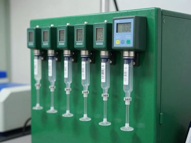 Automatic chemical dosing system with clear tubing and digital display, showing precise chemical injection, in a clean equipment room.