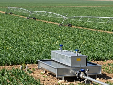 Panoramic view of an agricultural field with an irrigation system, clean industrial lighting, in the foreground a water purification unit for agricultural use, sharp focus.