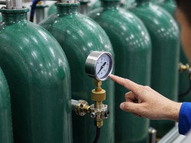 Industrial reverse osmosis membrane housing, close-up, with a technician's hand pointing at a pressure gauge, clean industrial lighting, deep green and metallic tones.
