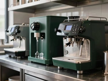 Crisp, high-contrast technical photography of a modern hotel kitchen with stainless steel surfaces, focusing on a water purification system connected to a professional coffee machine, natural daylight.