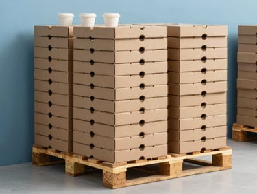Neatly stacked cardboard pizza boxes and takeaway containers on a wooden pallet in a clean warehouse