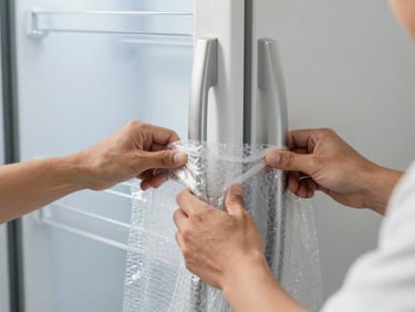 Close-up of professional movers hands wrapping a refrigerator handle with thick protective bubble wrap, bright daylight, clean uniform sleeve visible