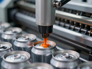Dramatic macro shot of a high-speed can printing line, electric orange ink being applied to a metallic aluminum can, motion blur, sharp focus on the print nozzle.