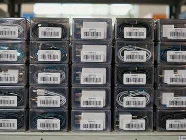Extreme close-up of sealed accessory cartons — cables, chargers, and cases — arranged in a uniform grid on a warehouse shelf, authentication barcodes visible, daylight from a high window