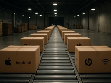 Wide shot of a logistics hub dispatch area, sealed mixed-brand tech cartons on a conveyor belt ready for shipment, overhead industrial lighting, clean concrete environment
