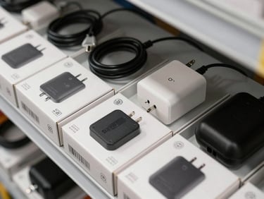 Overhead close-up of OEM accessory boxes — chargers, cables, cases — arranged in a grid on a warehouse shelf, clean studio daylight, barcodes and authentication marks in focus