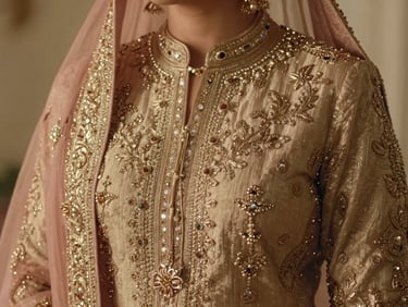 Exquisite close-up of gold-embroidered sherwani and rose-gold lehenga fabric, soft cinematic rim lighting, luxury wedding editorial.