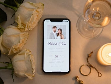An elegant flatlay of a digital wedding invitation on a premium smartphone, surrounded by fresh white roses and gold jewelry, warm ambient lighting.