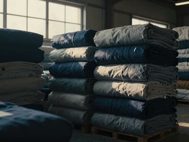 Cinematic editorial shot of bundled organic cotton textiles in a shipping warehouse, soft natural window light, deep navy and steel tones.