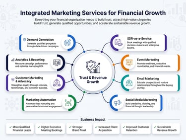 Infographic outlining integrated marketing services for financial growth including demand generation and marketing