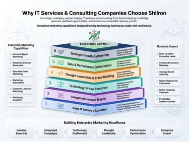 Infographic showing IT services marketing strategies including demand generation, brand building, and data optimization.