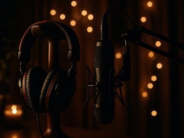 Studio microphone and headphones set against warm ambient lighting and soft bokeh, creating a moody recording atmosphere.