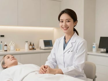 Cinematic video still of a high-end aesthetic clinic treatment room, soft warm lighting, a clinician in a white coat smiling, professional 50mm