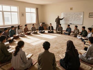 Wide environmental shot of a structured memorization circle in a naturally lit classroom in Tabuk, students seated with open Qurans, a qualified teacher standing at the front explaining a verse on a whiteboard, warm window light falling across the room