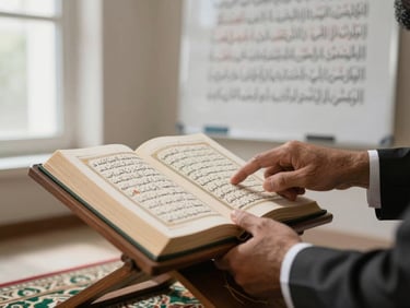Close-up of a Quran teacher's hands pointing to a verse in an open Mushaf resting on a wooden stand, natural window light from the left, a blurred whiteboard with Quranic text visible in the background