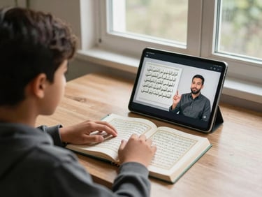 Wide shot of a student at home using a tablet to follow a live online Quran session, the screen showing a teacher explaining, natural daylight from a nearby window, a physical Mushaf open beside the device on the desk