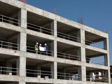 Renovation site of a heritage concrete structure with scaffolding, engineers reviewing plans