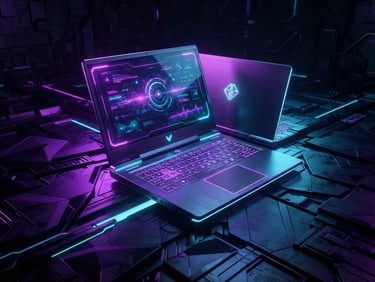 Dynamic 3D render of a sleek futuristic laptop glowing with neon violet and electric cyan ambient light on a dark geometric surface, wide angle