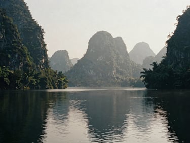 Cinematic wide panoramic shot of misty morning over Ba Be Lake, high-contrast natural light, deep shadows, muted organic tones, 35mm film grain, calm water reflecting the towering karst mountains