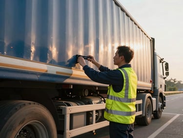 Professional logistics operator in high-visibility safety gear inspecting a heavy truck before departure, crisp morning light, cinematic industrial photography