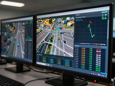 Close-up of a modern logistics control center screen showing real-time GPS tracking maps and telemetry data, sharp focus, high contrast, industrial lighting