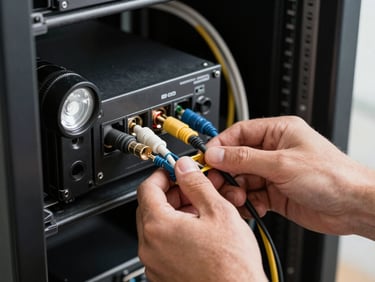 Technician's hands connecting a coaxial cable terminal inside an open rack cabinet, studio strobe on the hardware, clean cable management visible in background, no faces shown