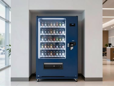 Straight-on eye-level architectural shot of a sleek, modern vending machine integrated into a clean, well-lit corporate lobby, bright natural interior light, cool blue and charcoal tones.