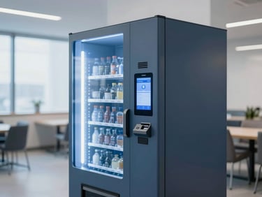 A sleek modern vending machine with a digital payment interface, integrated into a clean, well-lit corporate breakroom. Sharp focus, cool blue tones, architectural straight-on framing.