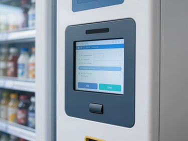 Close-up of a digital payment interface on a modern vending machine, bright natural interior light, clean corporate aesthetic.