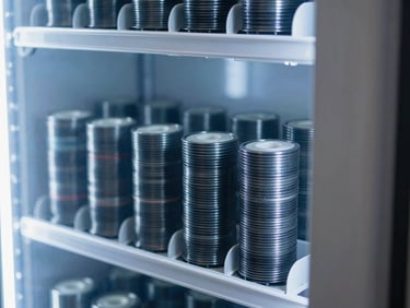 Close-up of neatly organized product coils inside a well-lit vending machine, sharp focus, cool blue tones.