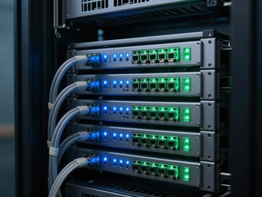 Meticulous server rack cable management with cool blue and terminal green LED indicators, clean architectural precision, macro shot, low-key ambient lighting
